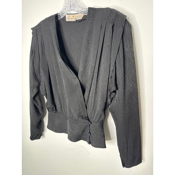 Vintage Liz Claiborne 100% Silk Wrap Blouse Black Jacquard 80s Small - Picture 8 of 13